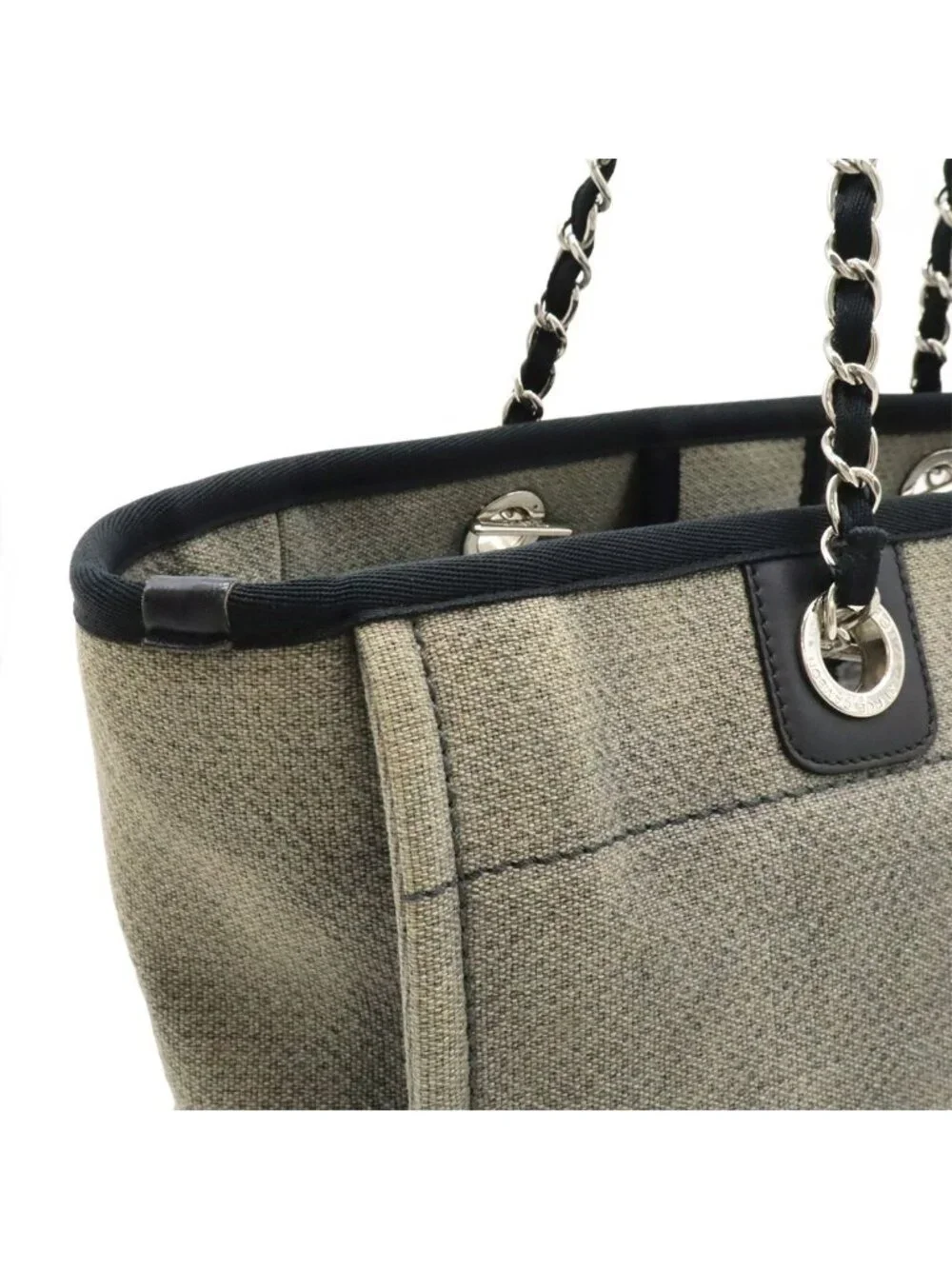 Chanel Deauville Line Tote MM Shoulder Bag Chain Canvas Leather Gray Black
